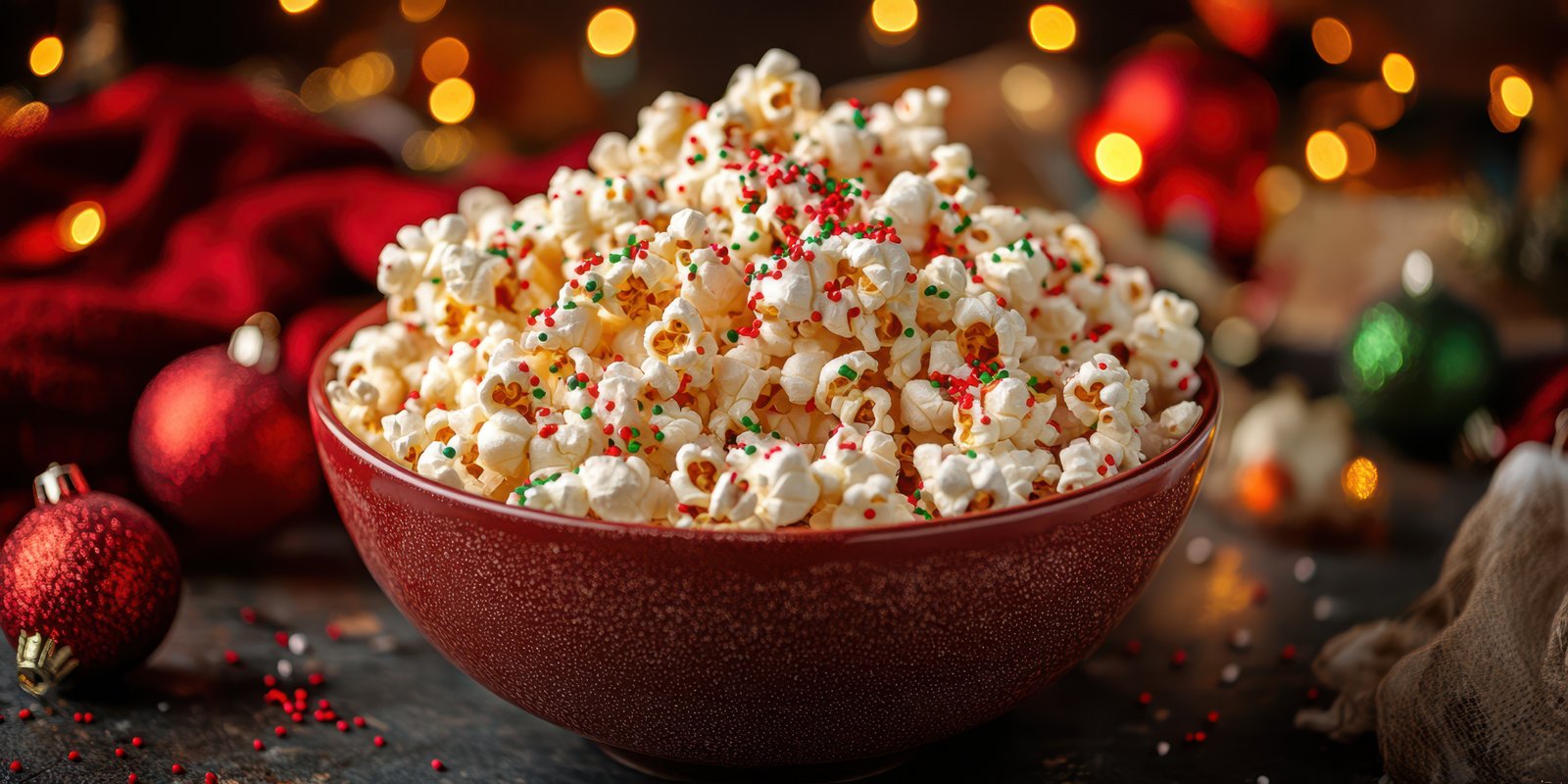 Holiday themed popcorn bowl filled with festive toppings and decorations on a cozy table setting